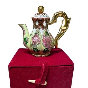 Vtg Cloisonné Teapot Ornament - Rose Floral & Red Velvet Box